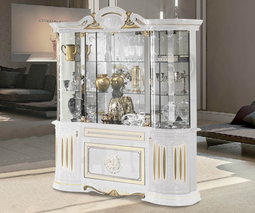 Ben Company Betty White and Gold Finish Italian 4 Door Display Cabinet