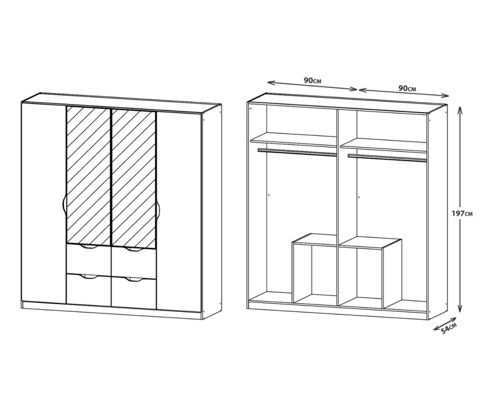 Rauch Arnstein Artisan Oak Colour Carcase with White Front 4 Door 2 Mirror Combi Wardrobe with Drawer