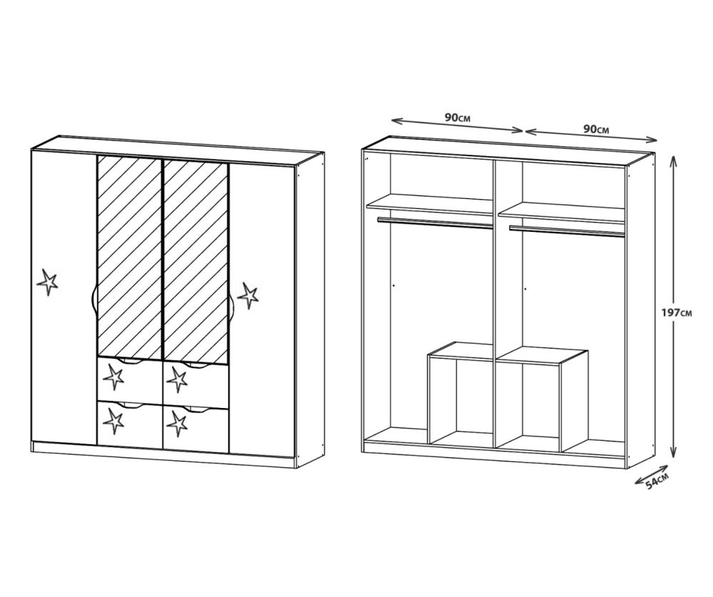 Rauch Arnstein Artisan Oak Colour Carcase with High Polish White Front 4 Door 2 Mirror Combi Wardrobe with Drawer