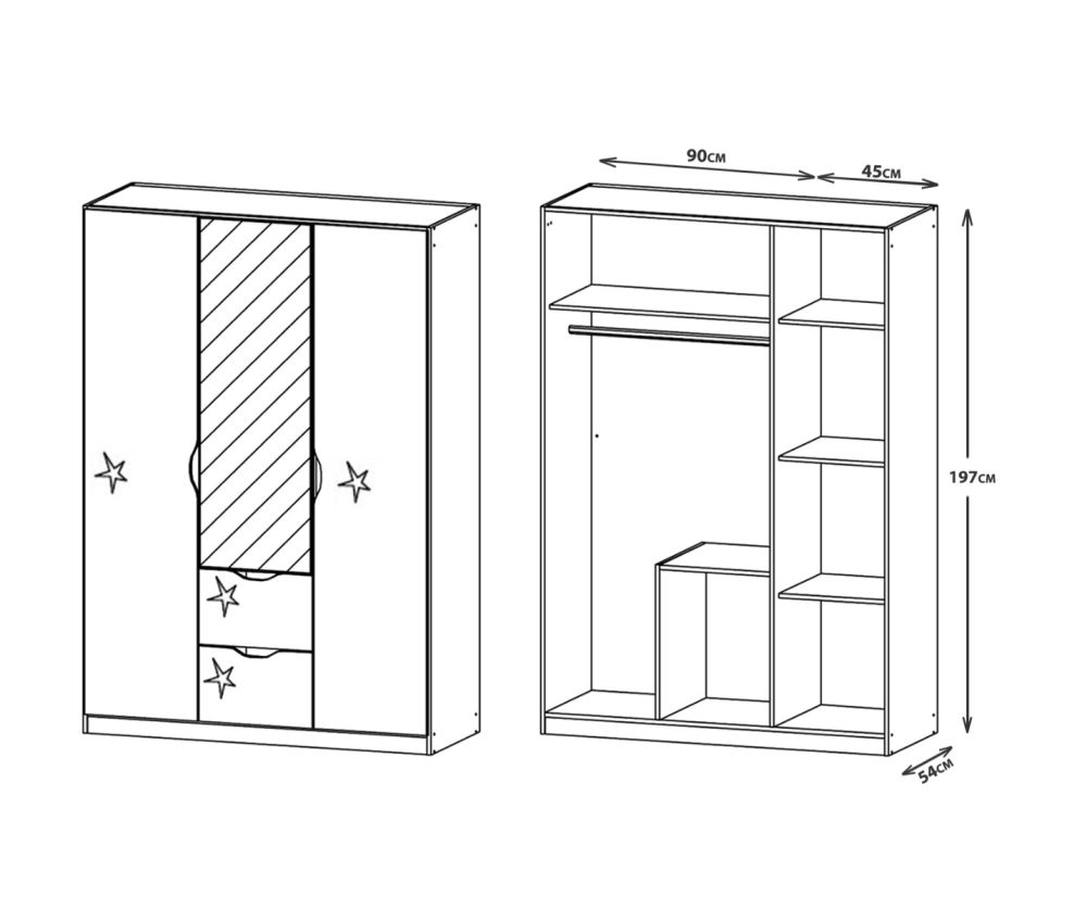 Rauch Arnstein Sonoma Oak Colour Carcase with High Polish White Front 3 Door 1 Mirror Combi Wardrobe with Drawer