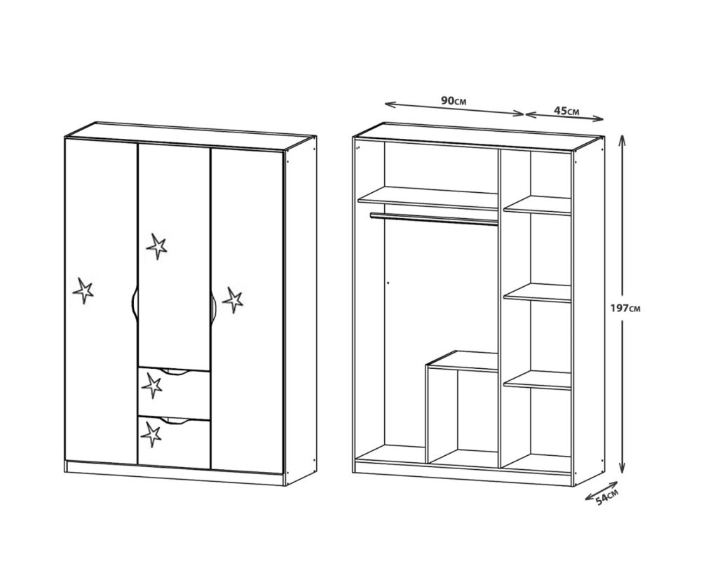 Rauch Arnstein Sonoma Oak Colour Carcase with High Polish White Front 3 Door 2 Drawer Combi Wardrobe