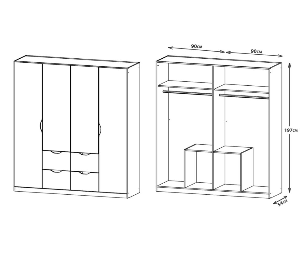 Rauch Arnstein Alpine White Carcase with White Front 4 Door 4 Drawer Combi Wardrobe