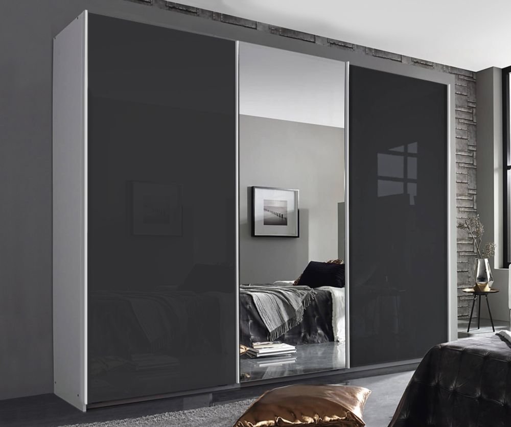 Rauch Essensa Alpine White with Basalt Glass 3 Door 1 Mirror Sliding Wardrobe with Carcass Coloured Handle (W271cm)