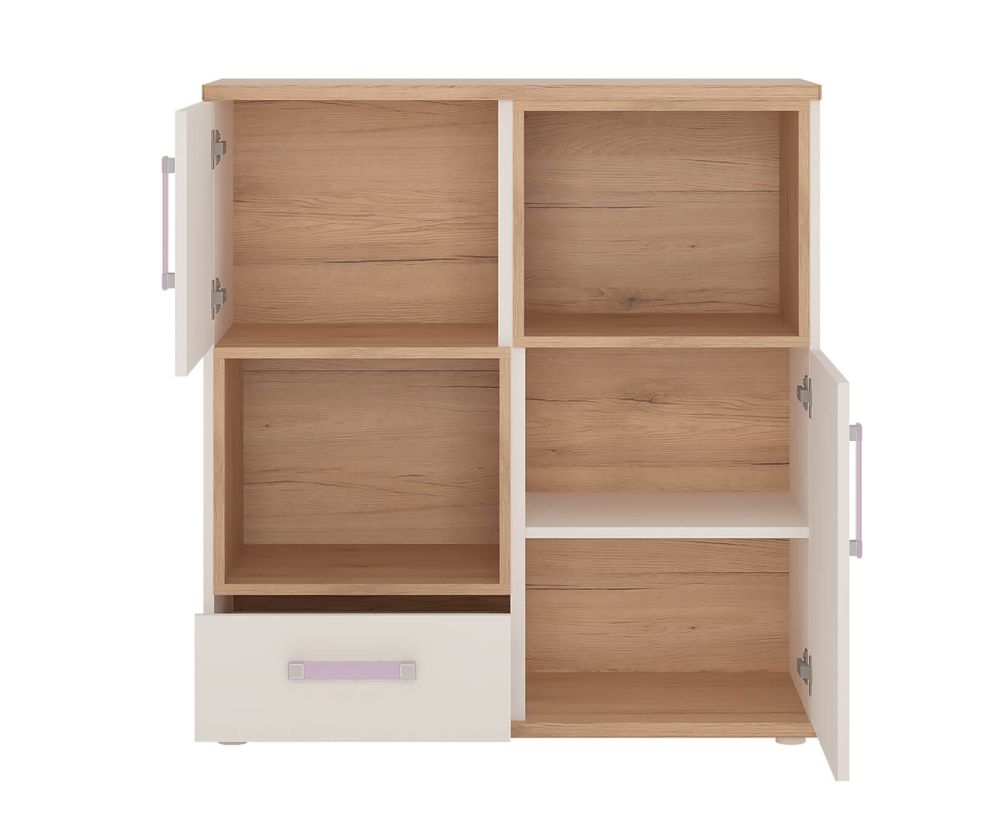 FTG 4Kids 2 Door 1 Drawer Cupboard with 2 Open Shelves with Lilac Handles