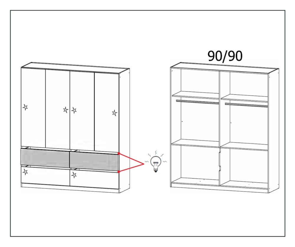 Rauch Winnipeg Metallic Grey Carcase with High Polish White Front 4 Door 4 Drawer Combi Wardrobe