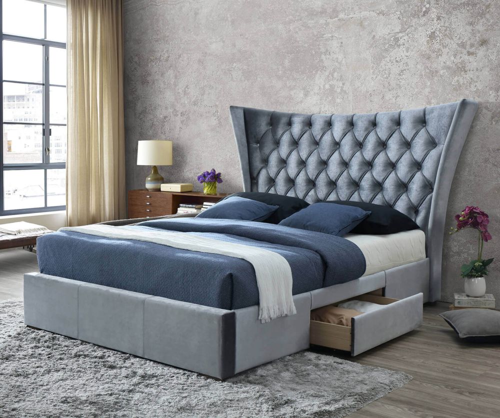 Artisan 4560 Silver Fabric 2 Side Drawer Bed Frame