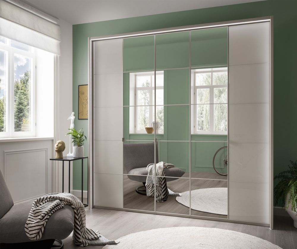 Wiemann Vip Quito Glass Champagne and Crystal Mirrored Center 5 Door Hinged Wardrobe With Trims