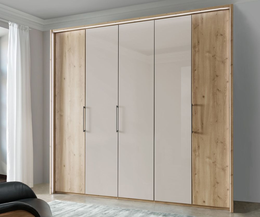 Wiemann Vip Monaco 1000 Bianco Oak and Glass Champagne 6 Door Hinged Wardrobe – W300cm