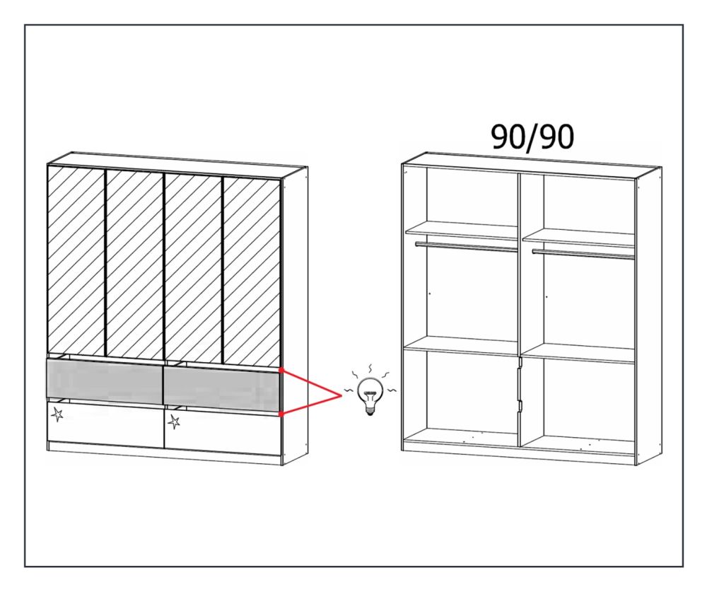 Rauch Winnipeg Metallic Grey Carcase with High Polish White Front 4 Door 4 Mirrors Combi Wardrobe with Drawers