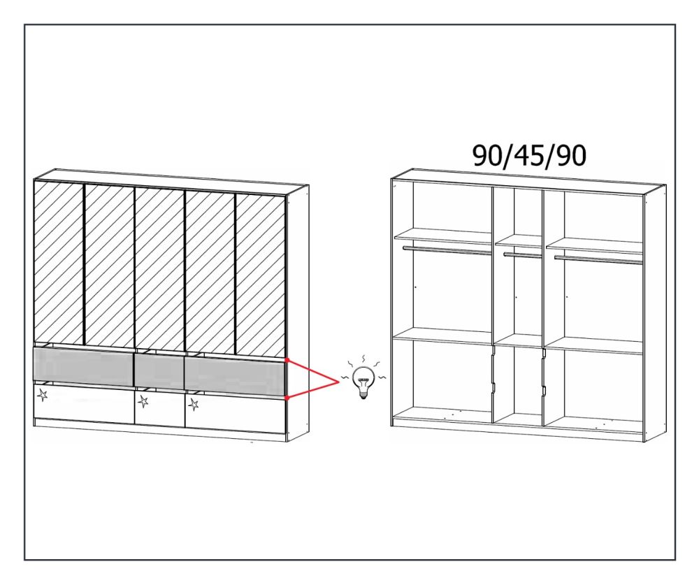 Rauch Winnipeg Metallic Grey Carcase with High Polish White Front 5 Door 5 Mirrors Combi Wardrobe with Drawers
