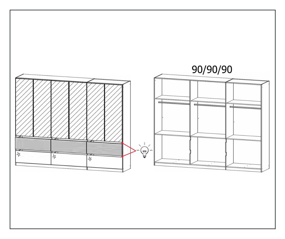 Rauch Winnipeg Alpine White Carcase with High Polish White Front 6 Door 6 Mirrors Combi Wardrobe with Drawers