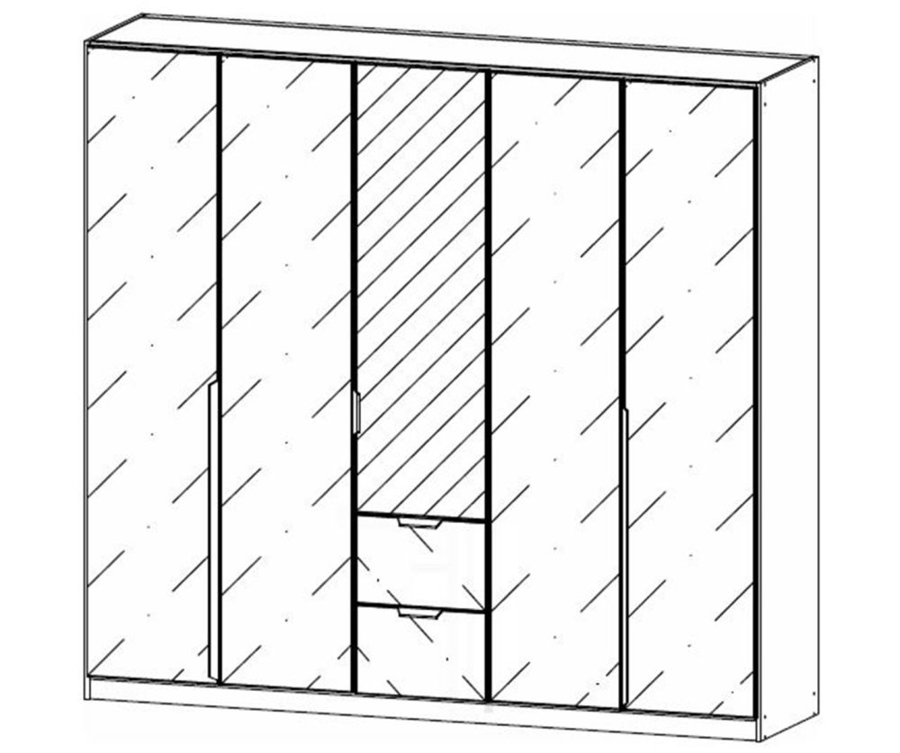 Rauch Modern Quadra Spin Alpine White Carcase with White Glass Front 5 Door 2 Glass Drawer Combi Wardrobe with Mirror