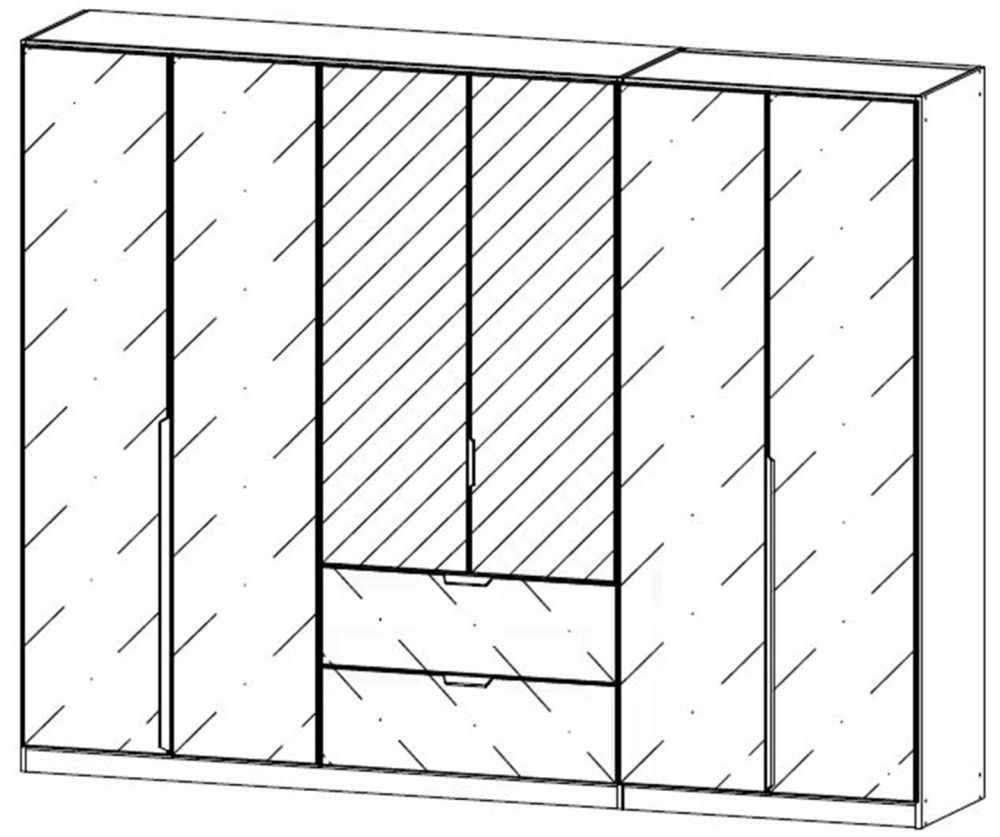 Rauch Modern Quadra Spin Alpine White Carcase with White Glass Front 6 Door 2 Glass Drawer Combi Wardrobe with Mirror