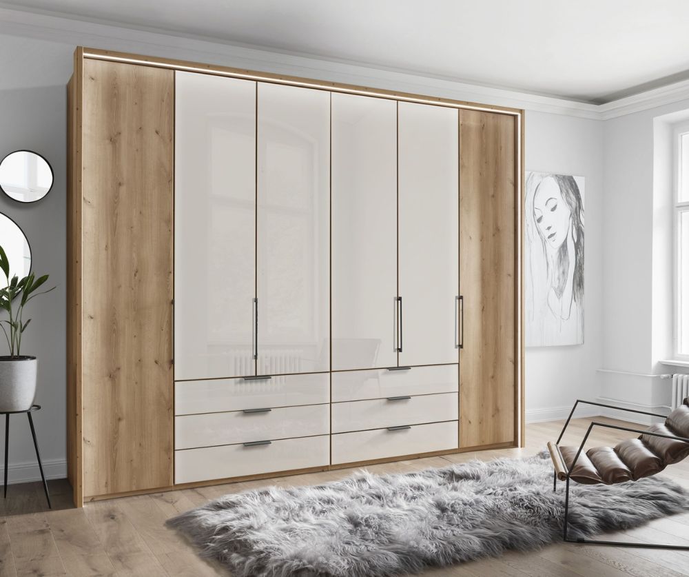 Wiemann Vip Monaco 1000 Bianco Oak and Glass Champagne 6 Door 6 Drawer Combi Wardrobe – W300cm