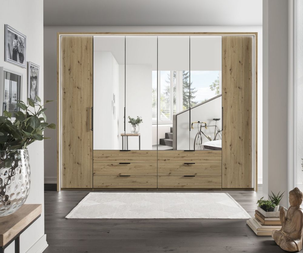 Wiemann Vip Monaco 1000 Bianco Oak and Mirror 6 Door 6 Drawer Combi Wardrobe – W300cm