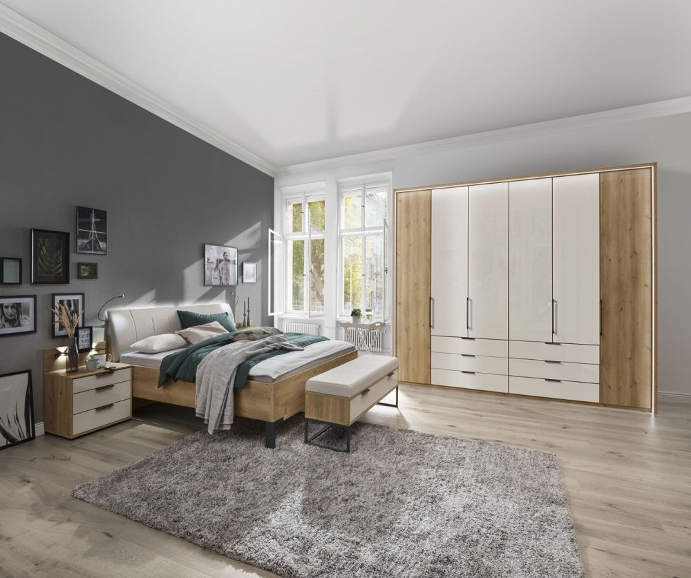 Wiemann Vip Monaco 1000 Bianco Oak and Glass Champagne 6 Door 6 Drawer Combi Wardrobe – W300cm
