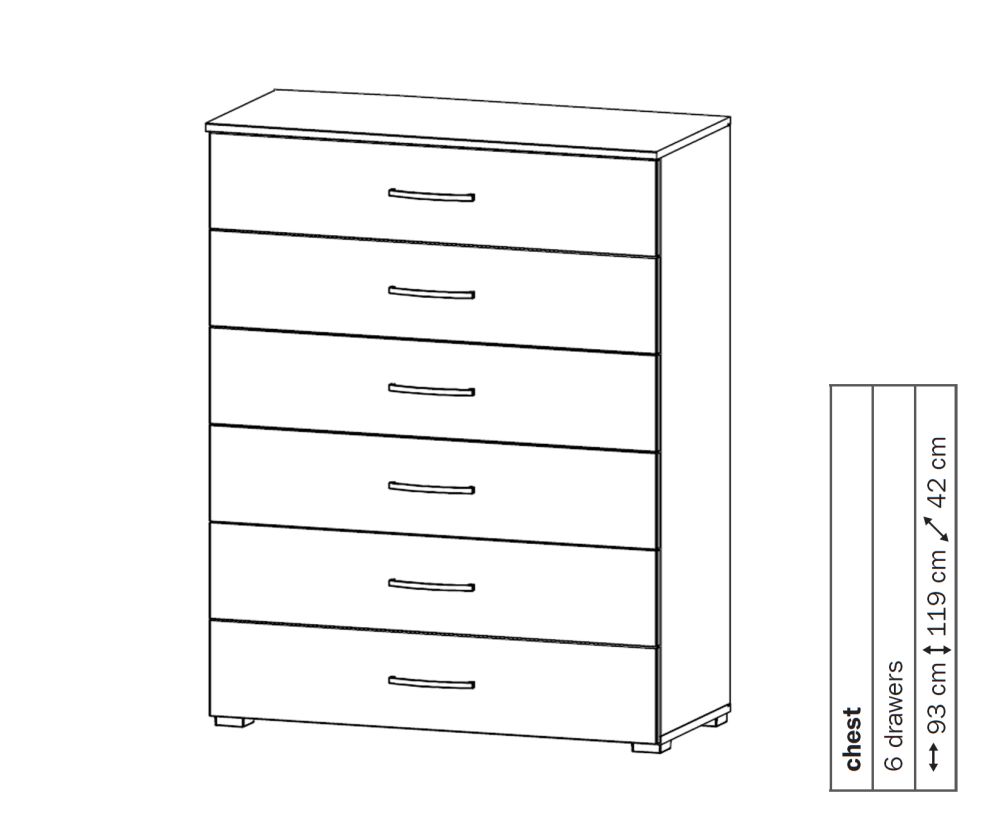 Rauch Aditio 6 Drawer Chest with Metallic Grey Front - W 93cm