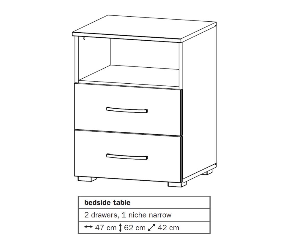 Rauch Aditio 2 Drawer Bedside Table with Shelf and Silk Grey Front