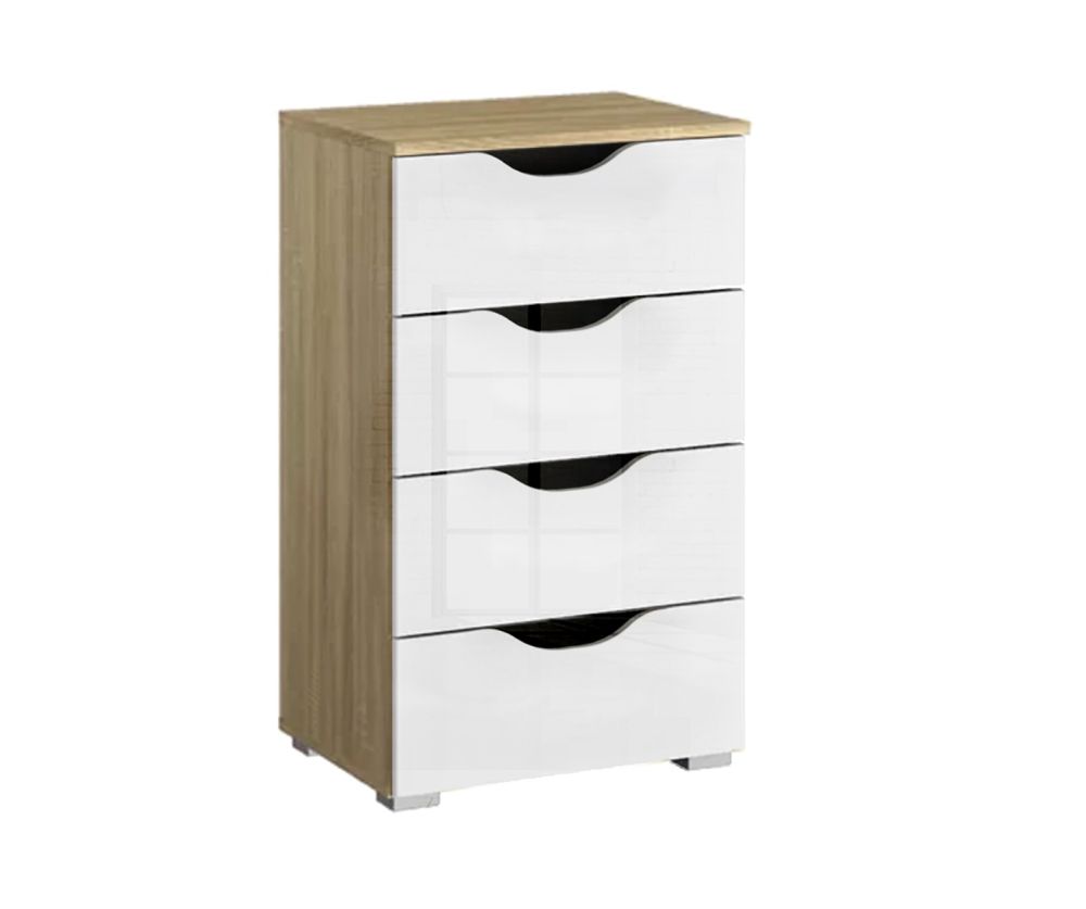 Rauch Arnstein Sonoma Oak Colour Carcase with High Polish White Front 4 Drawer Chest