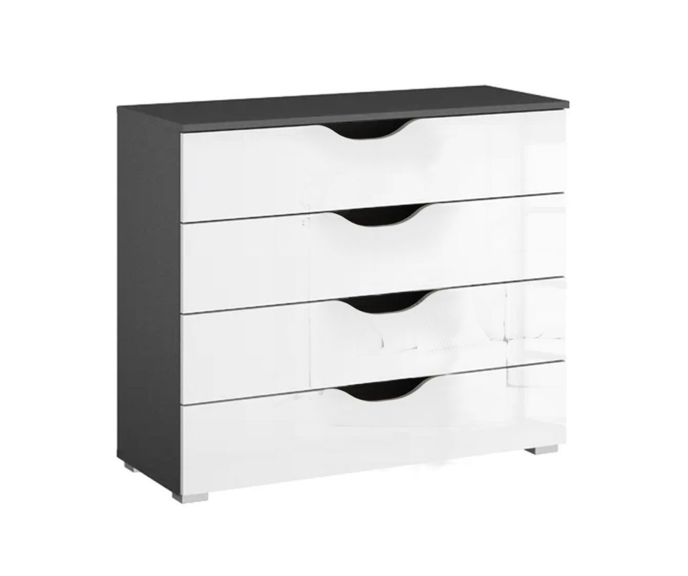 Rauch Arnstein Metallic Grey Carcase with High Polish White Front Wide 4 Drawer Chest