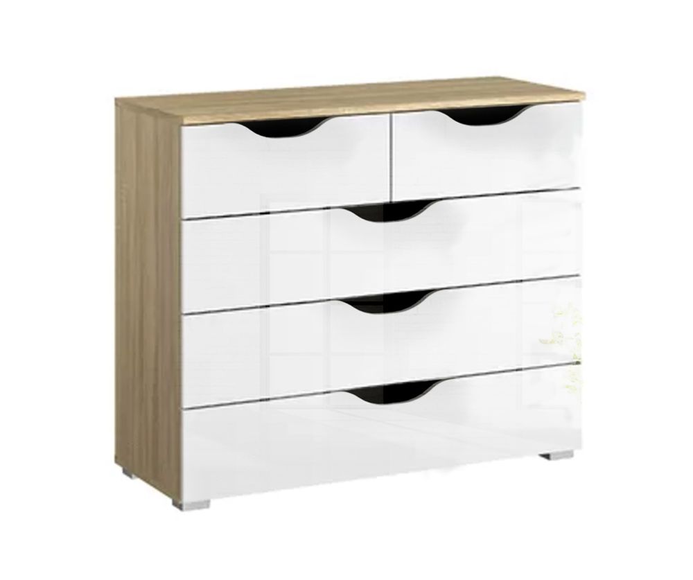 Rauch Arnstein Alpine White Carcase with High Polish White Front 5 Drawer Chest