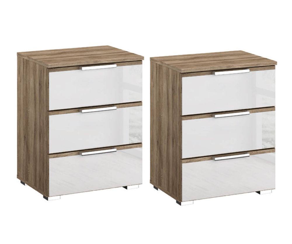 Rauch Terano Sonoma Oak with Basalt Glass Overlay 3 Drawer Bedside Table(Pair)