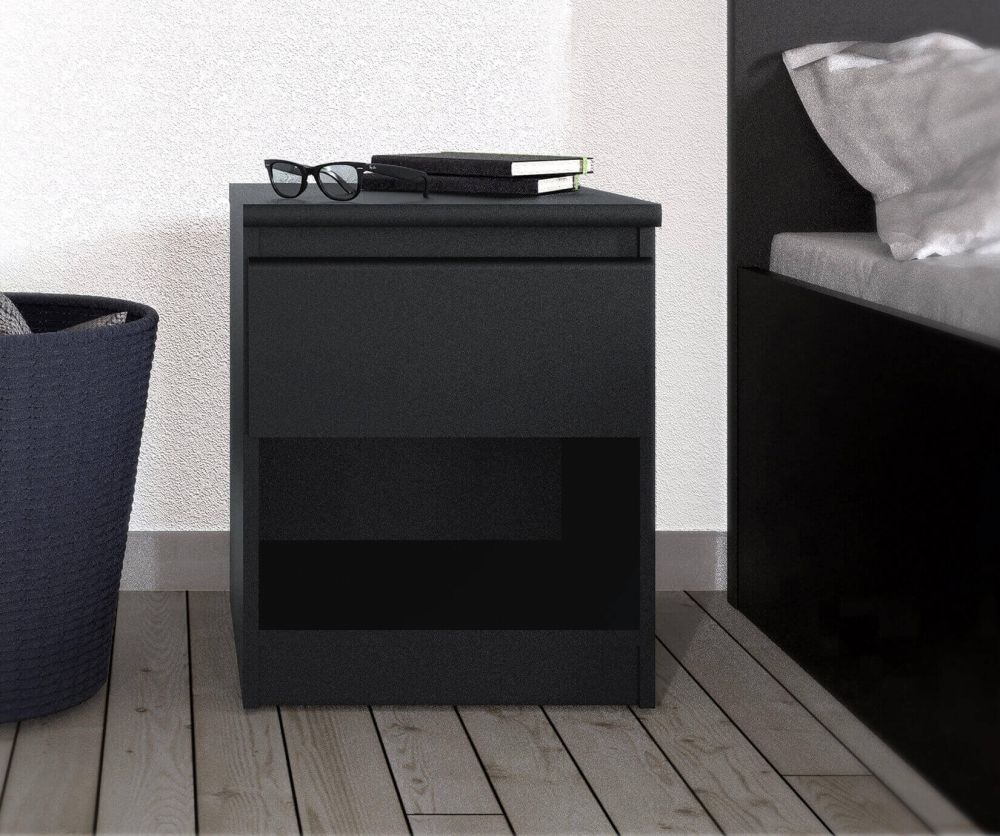 FTG Naia Black Matt 1 Drawer Bedside with 1 Shelf