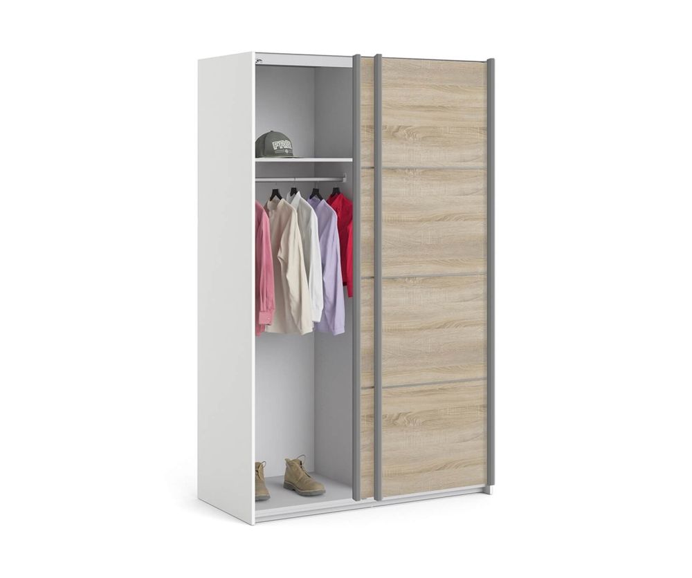 FTG Verona White with Oak Door 120cm Sliding Wardrobe with 2 Shelves