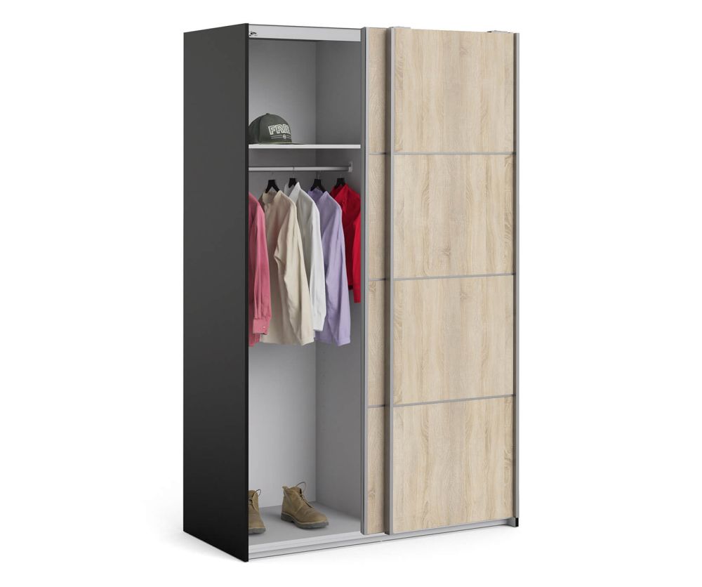 FTG Verona Black Matt with Oak Door 120cm Sliding Wardrobe with 2 Shelves