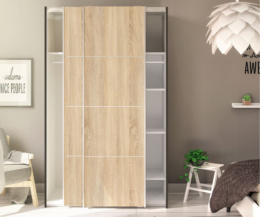FTG Verona Black Matt with Oak Door 120cm Sliding Wardrobe with 5 Shelves