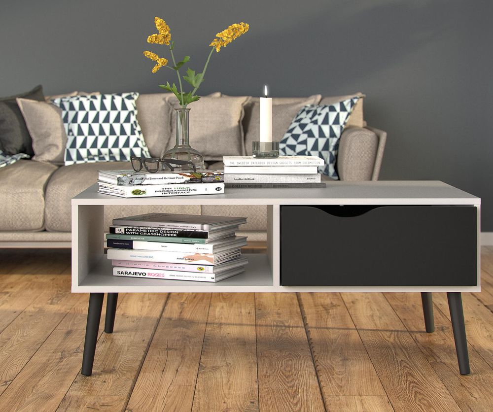 FTG Oslo White and Black Matt 1 Drawer 1 Shelf Coffee Table