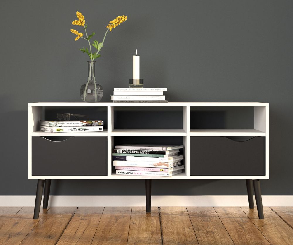 FTG Oslo White and Black Matt Wide 2 Drawer 4 Shelves TV Unit