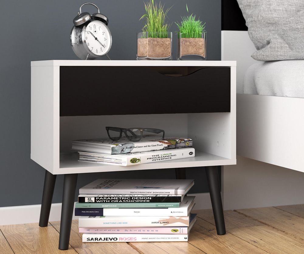 FTG Oslo White and Black Matt 1 Drawer Bedside Table