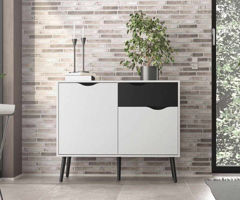 FTG Oslo White and Black Matt Small 1 Drawer 2 Door Sideboard