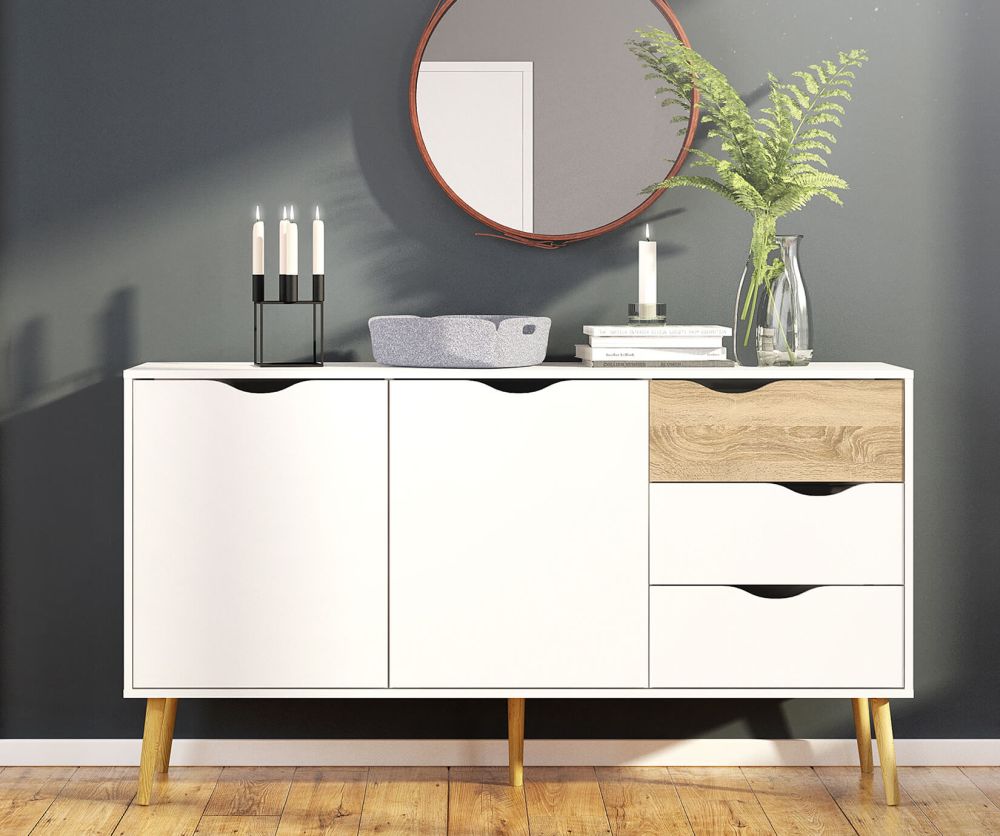 FTG Oslo White and Oak Large 3 Drawer 2 Door Sideboard
