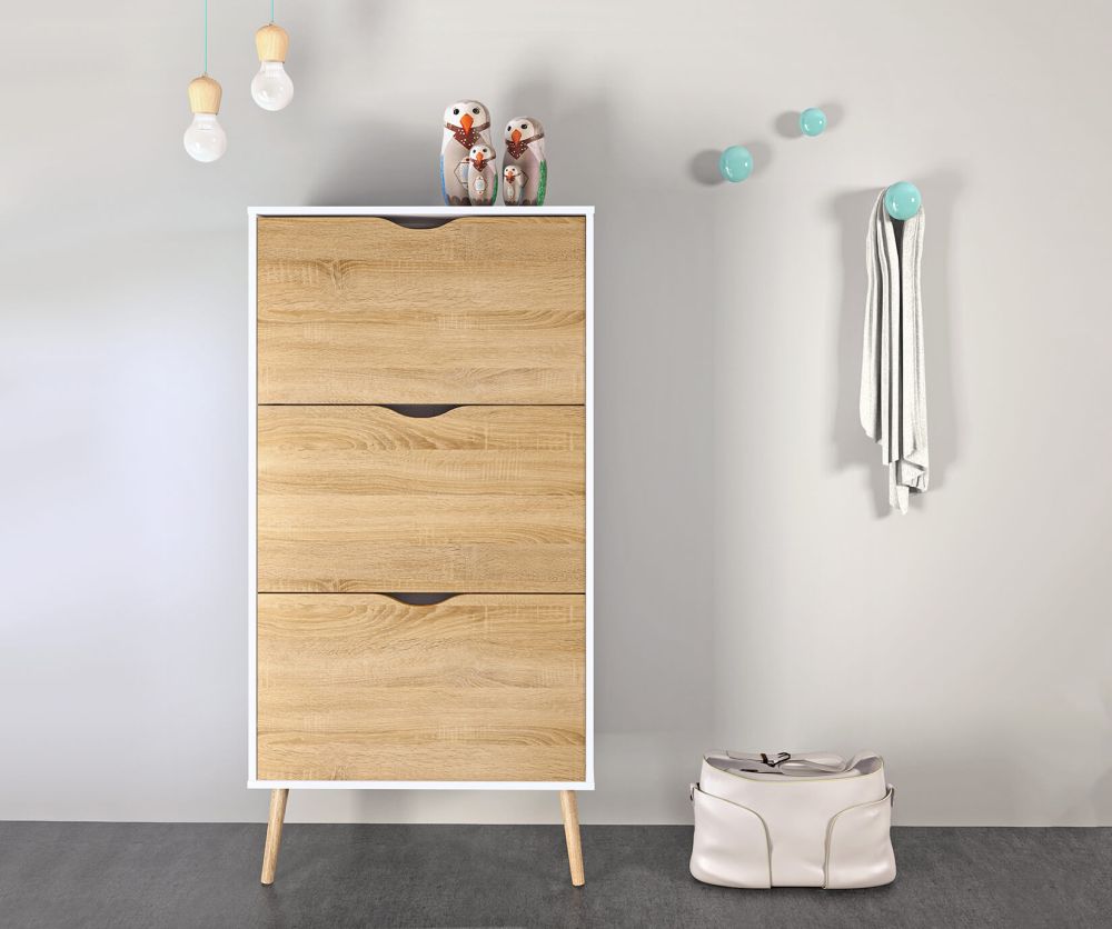 FTG Oslo White and Oak 3 Drawer Shoe Cabinet