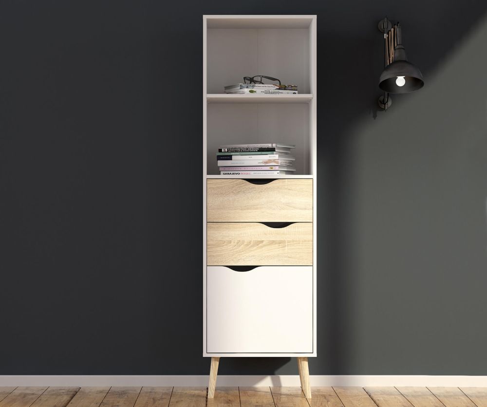 FTG Oslo White and Oak 2 Drawers 1 Door Bookcase