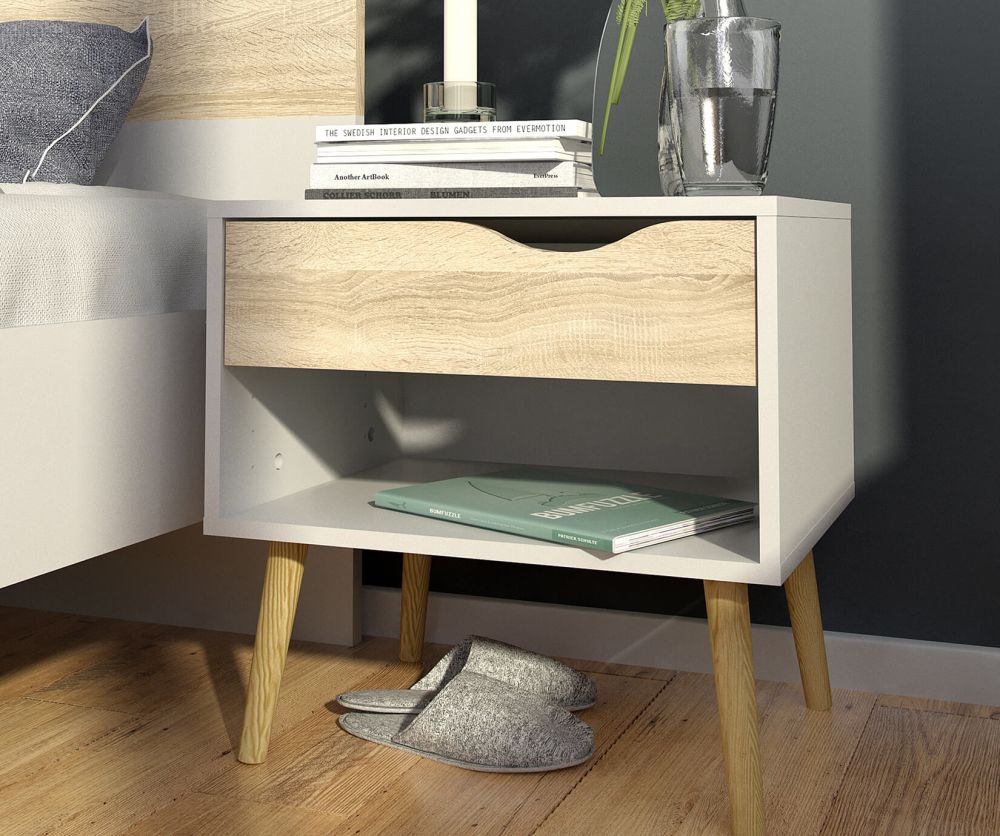 FTG Oslo White and Oak 1 Drawer Bedside Table