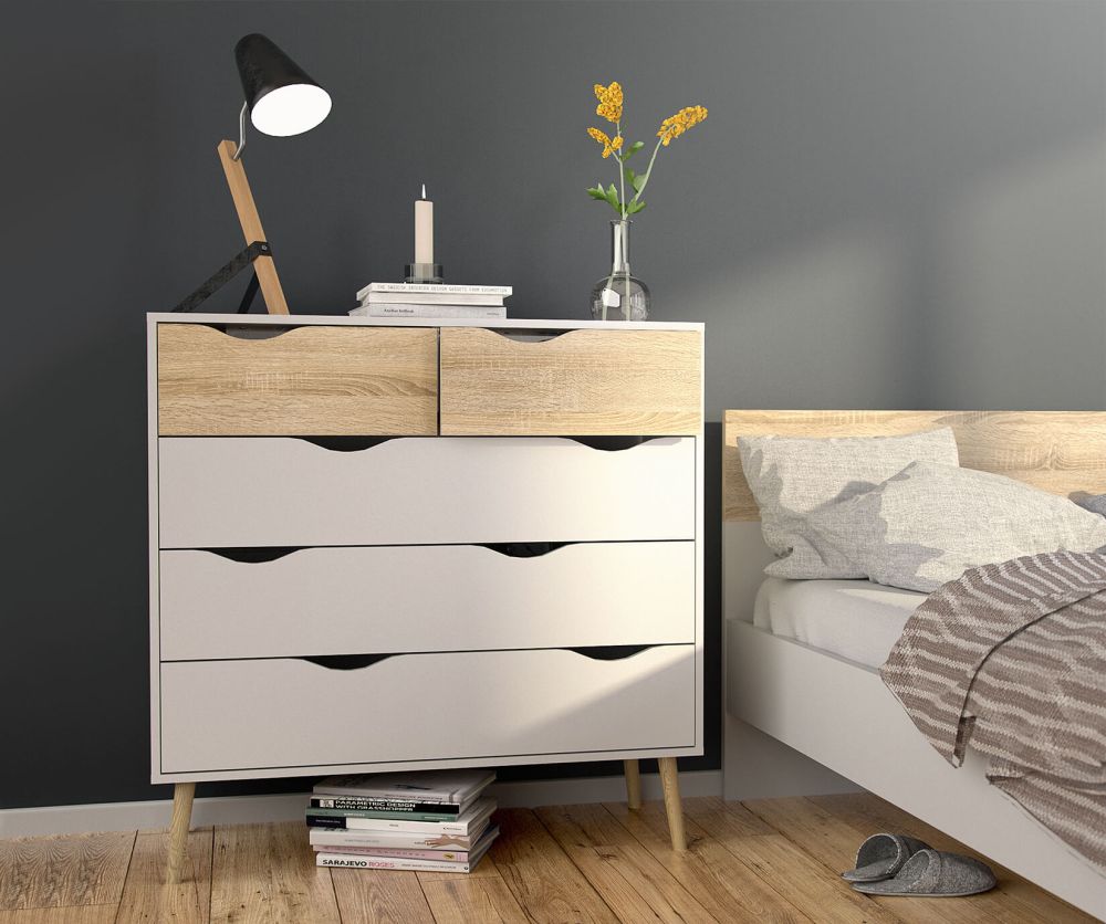 FTG Oslo White and Oak (2+3) 5 Drawer Chest