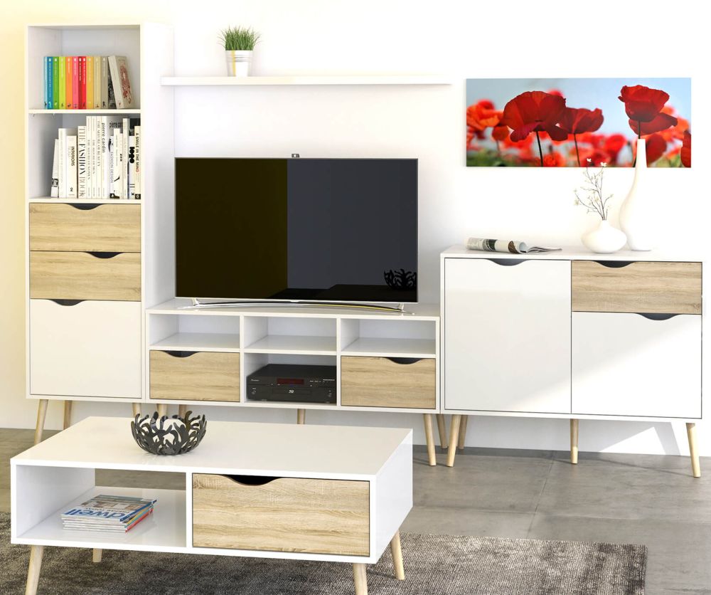 FTG Oslo White and Oak Wide 2 Drawer 4 Shelves TV Unit
