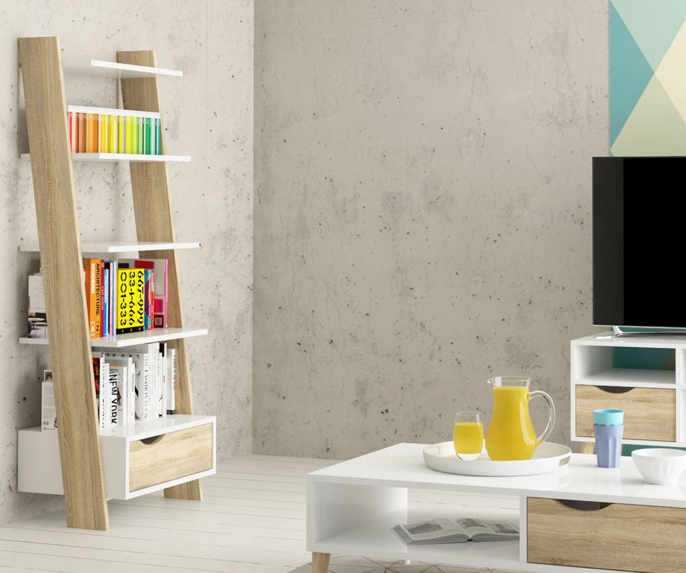 FTG Oslo White and Oak 1 Drawer Leaning Bookcase
