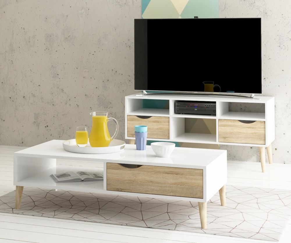 FTG Oslo White and Oak Wide 2 Drawer 4 Shelves TV Unit