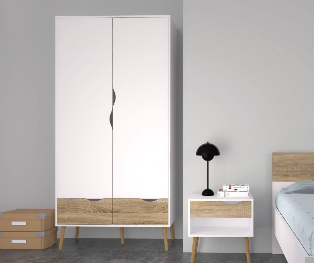 FTG Oslo White and Oak 2 Door 2 Drawer Wardrobe