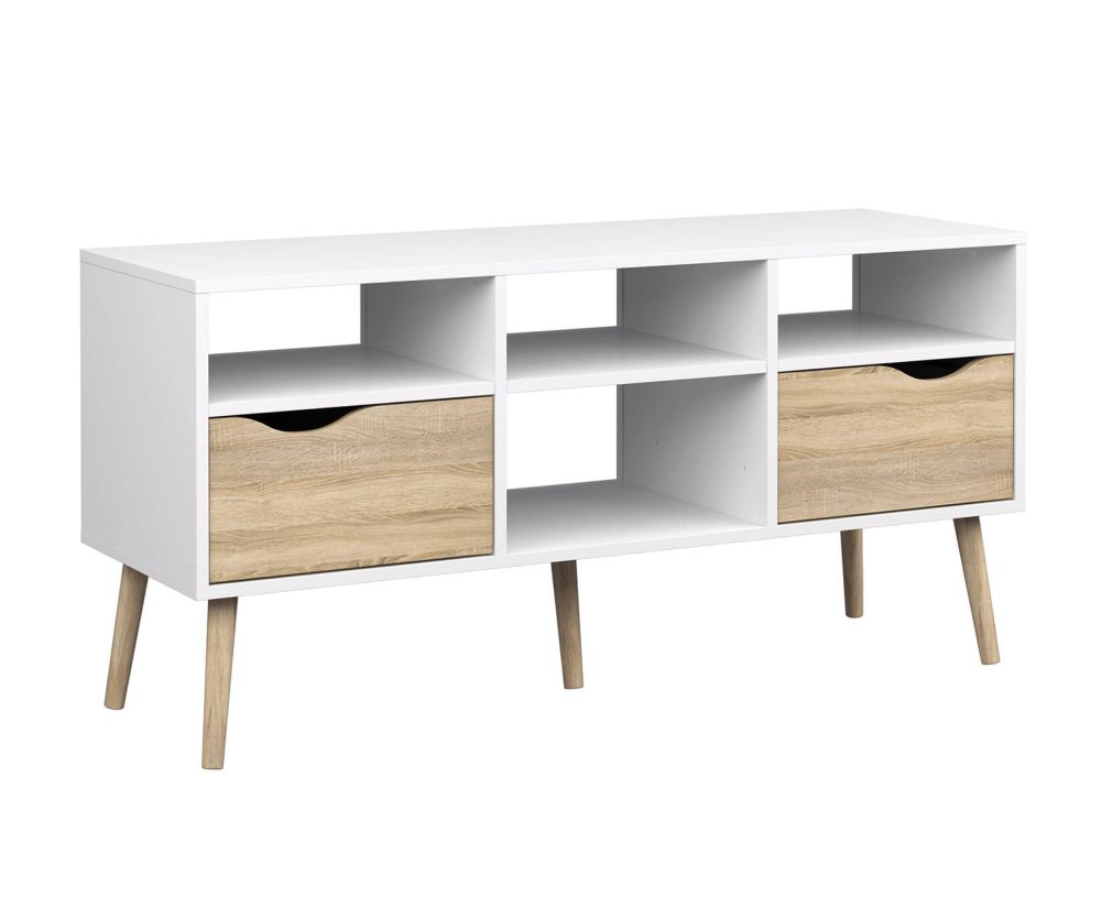 FTG Oslo White and Oak Wide 2 Drawer 4 Shelves TV Unit