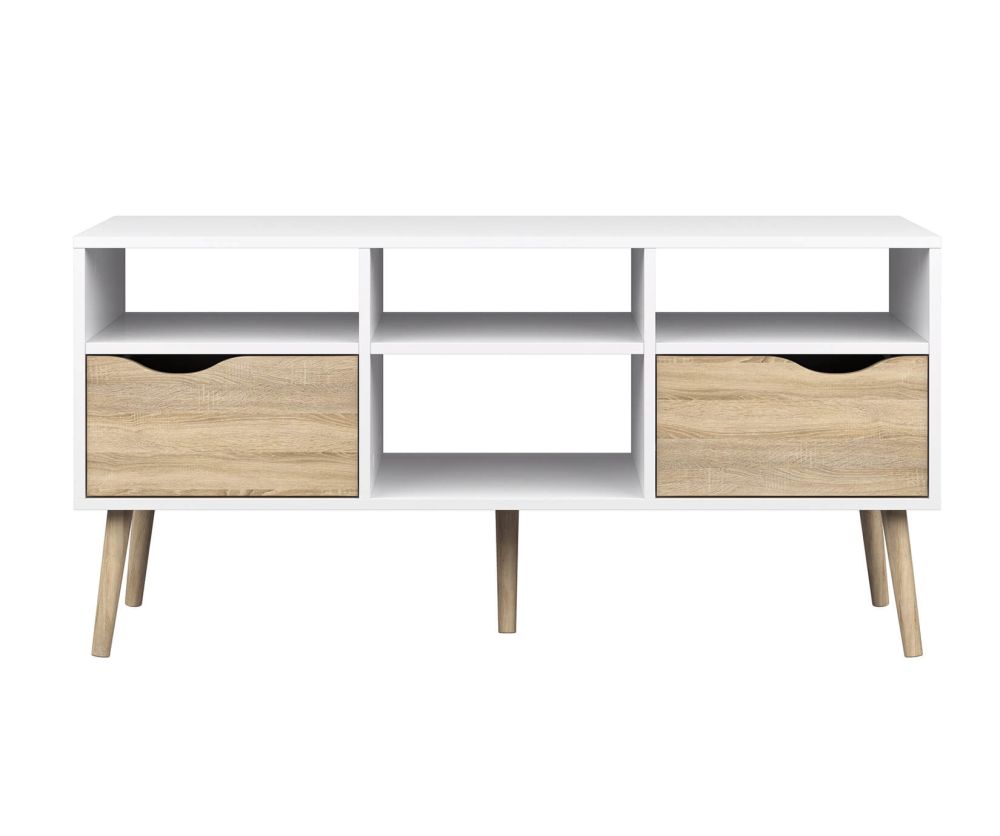 FTG Oslo White and Oak Wide 2 Drawer 4 Shelves TV Unit
