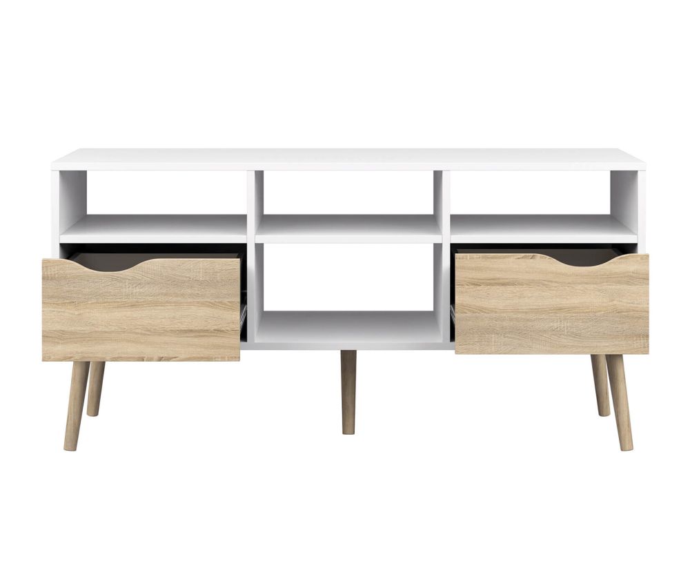 FTG Oslo White and Oak Wide 2 Drawer 4 Shelves TV Unit