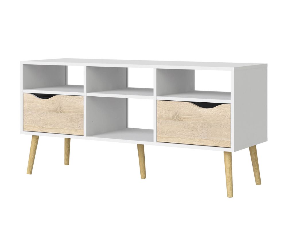 FTG Oslo White and Oak Wide 2 Drawer 4 Shelves TV Unit