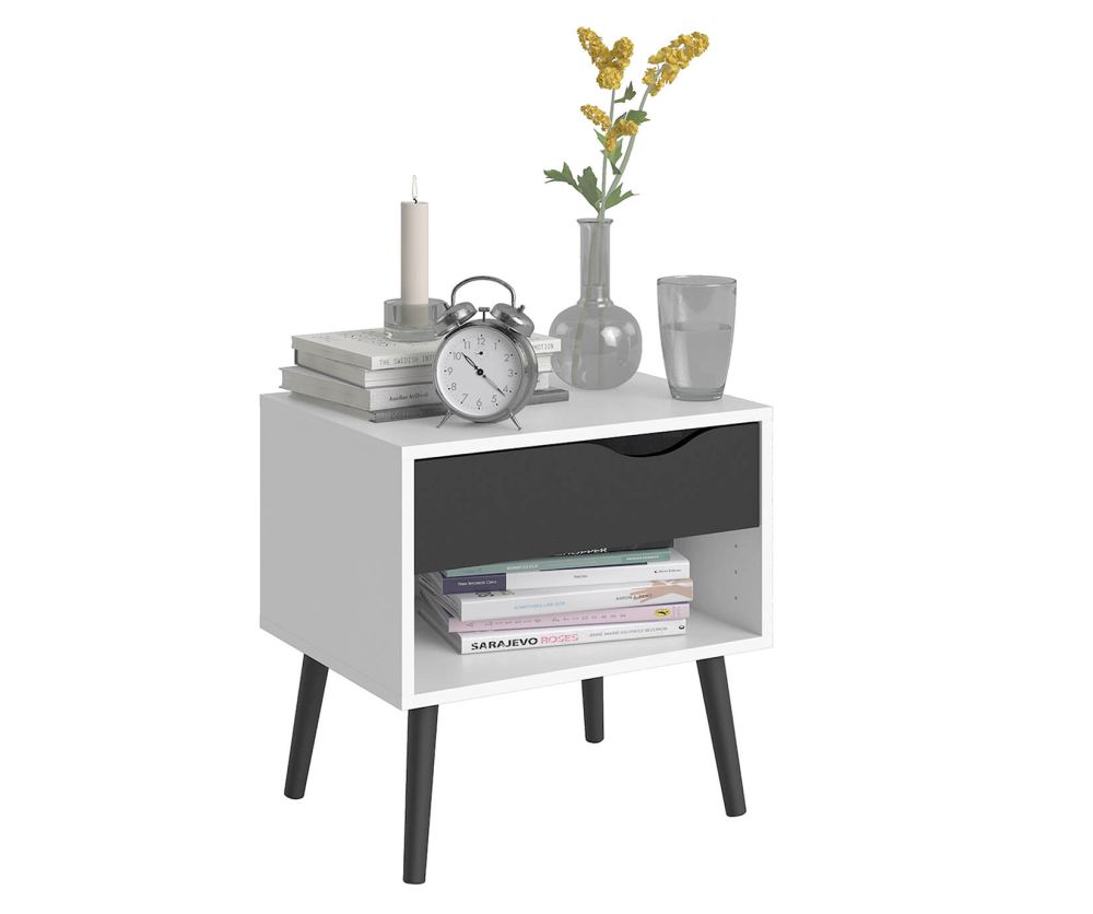 FTG Oslo White and Black Matt 1 Drawer Bedside Table
