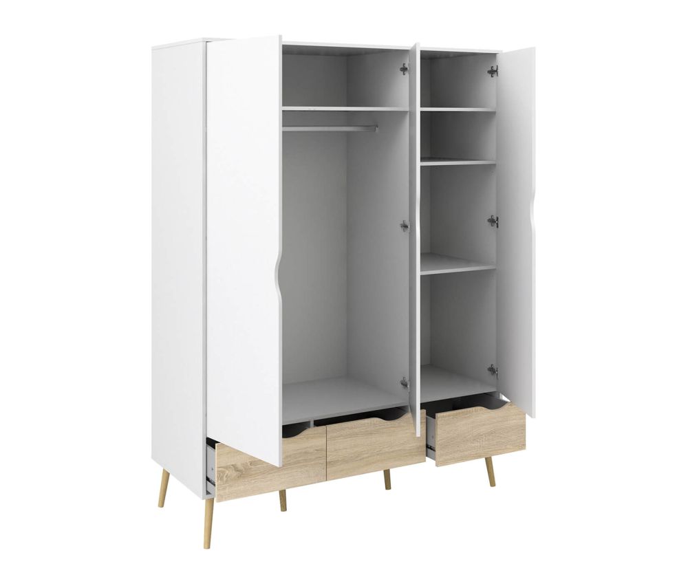 FTG Oslo White and Oak 3 Door 3 Drawer Wardrobe