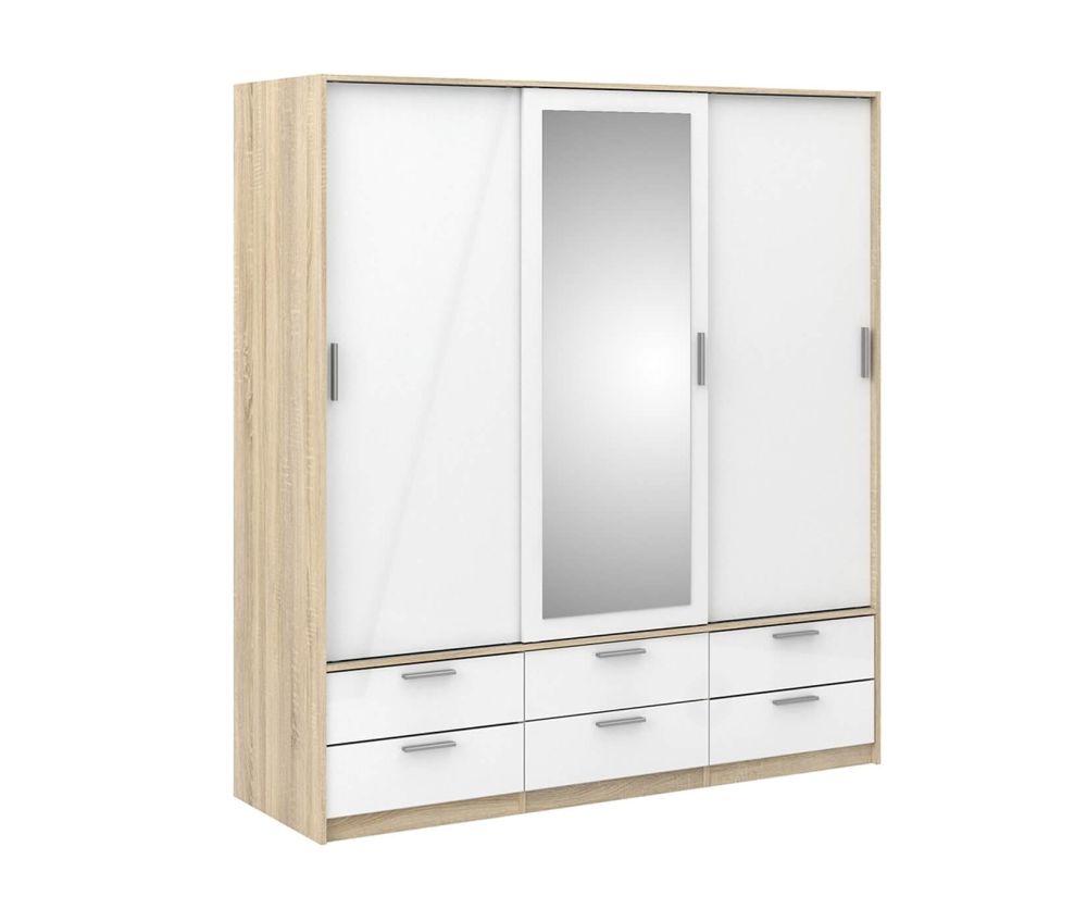 FTG Line Oak and White High Gloss 3 Doors 6 Drawers Wardrobe